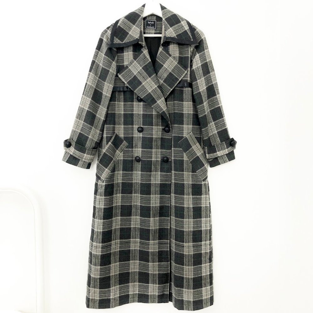 Vintage Black and Gray Plaid Trench Coat - Picture 3 of 8